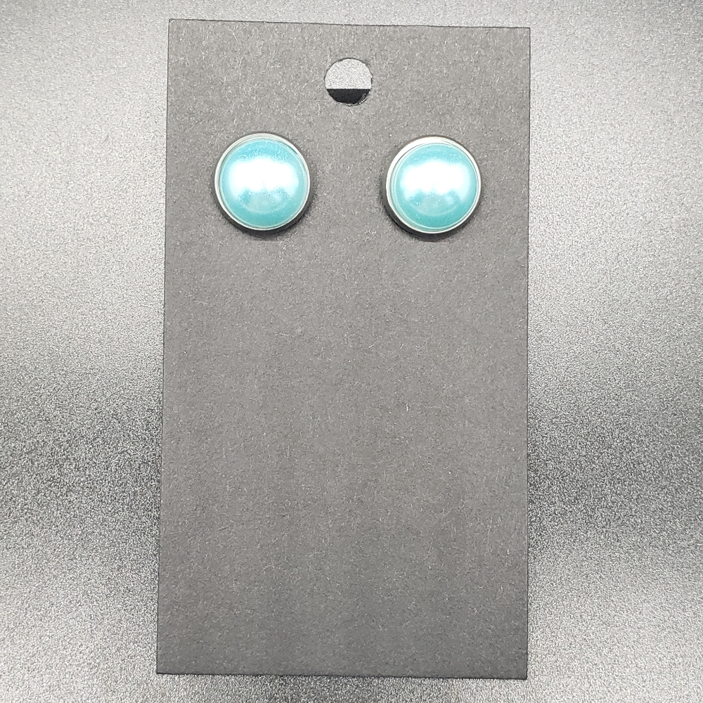 Blue Faux Pearl Silver Stud Earrings - Picture 4 of 4